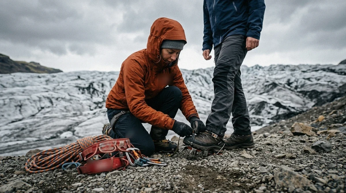 A guide fitting crampons at the glacier edge before a Katla ice cave tour, part of the standard safety routine