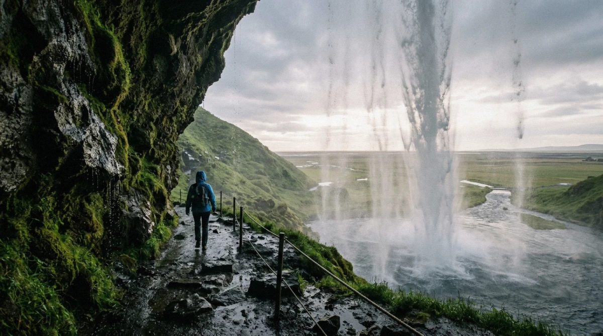 The path behind Seljalandsfoss waterfall, a stop on the south coast Katla ice cave tour from Reykjavík