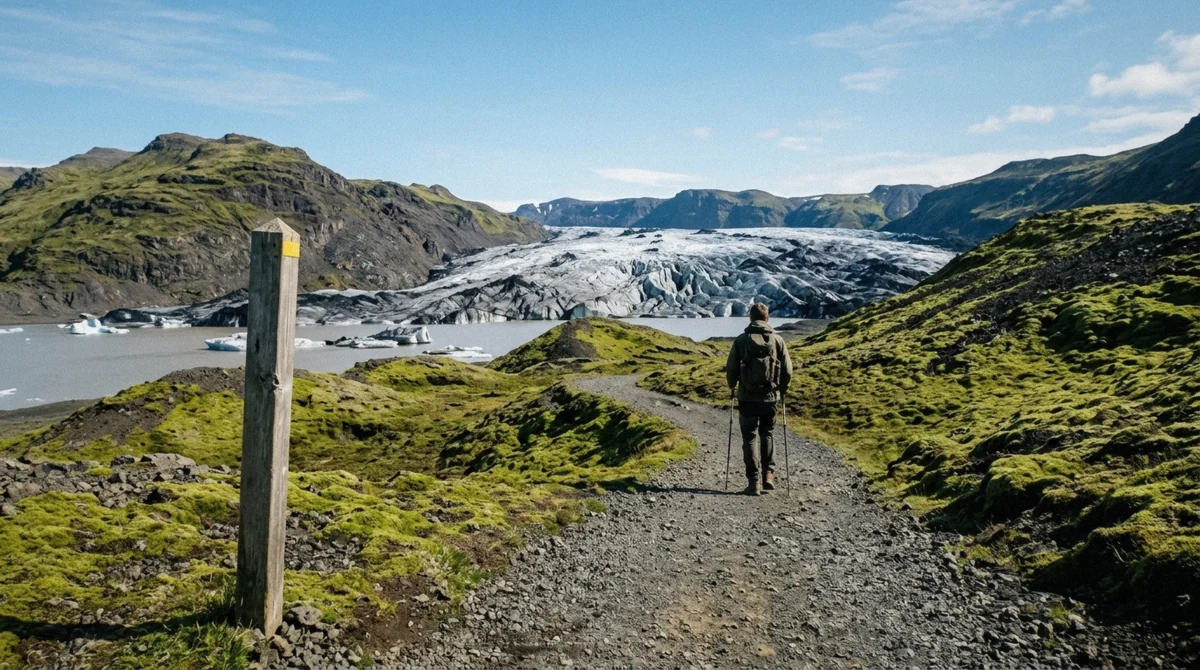 A marked gravel path leading to the Sólheimajökull glacier lagoon, the closest you can get to Mýrdalsjökull without a guide