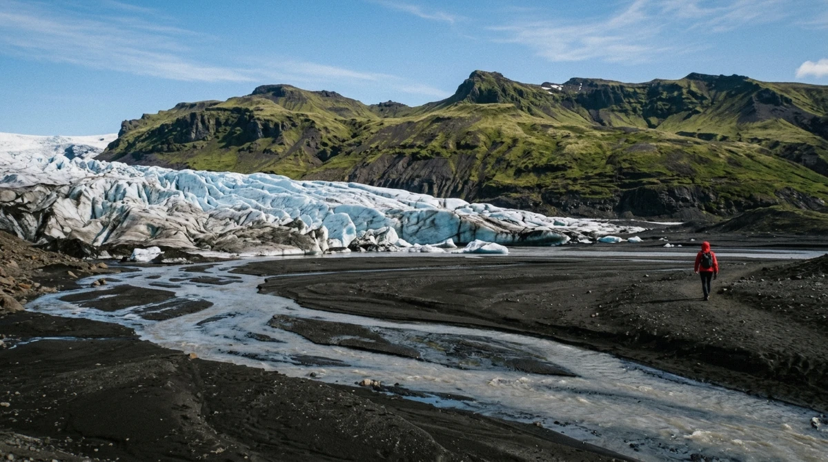 Blue glacier ice meeting black sand and green moss in high summer at the snout of an outlet of Mýrdalsjökull, Iceland
