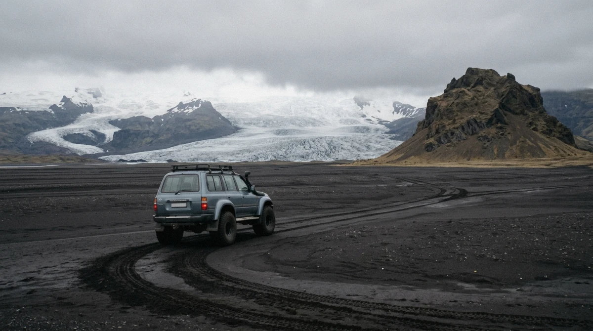 A super jeep crossing the black sand of Mýrdalssandur towards Kötlujökull on a Katla ice cave tour from Vík